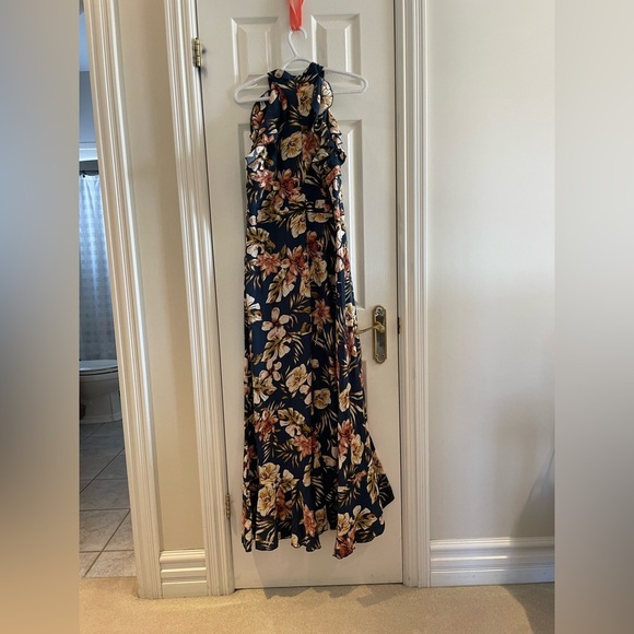 Floral Halter Neck Maxi Dress - Blue and Cream - Picture 4 of 7